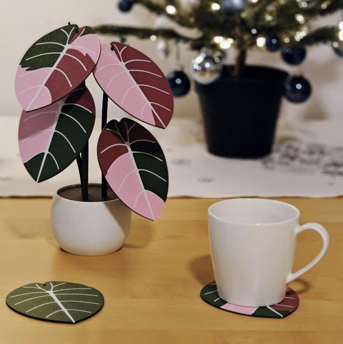 Jewel Alocasia Coaster Set, Leaf Coaster, Variegated Alocasia Black Velvet, Alocasia Melo, 3D printed Plant Coaster, Alocasia Print