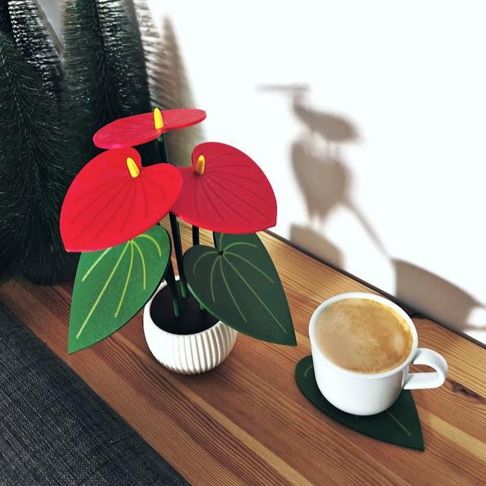 Anthurium Plant Coaster Set with Extra Storage Leaf Coaster Perfect Valentine Gift Plant Lovers Gift 3D printed Coaster