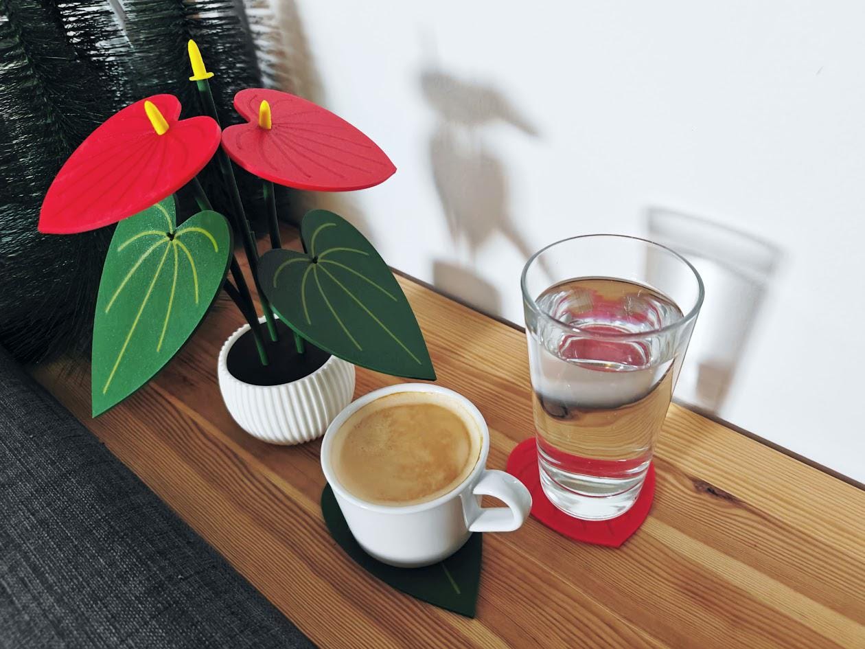 Anthurium Plant Coaster Set with Extra Storage Leaf Coaster Perfect Valentine Gift Plant Lovers Gift 3D printed Coaster