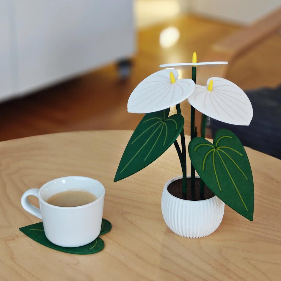 White Anthurium Plant Coaster Set, Coaster Plant, Mother&#39;s Day Gifts for Plant Lovers Gift, 3D printed Coasters