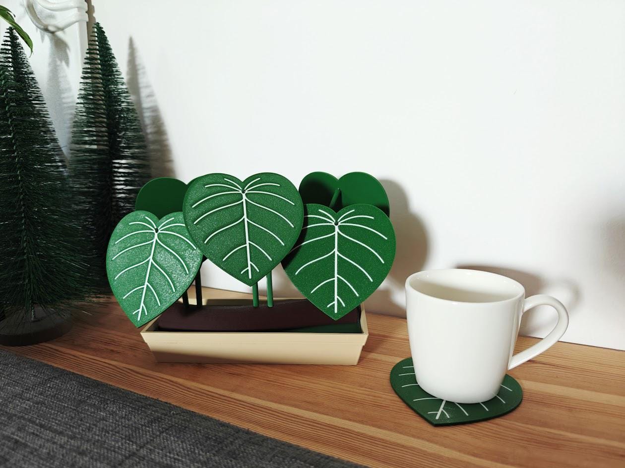 Philodendron Coaster Set with Storage Tray - Plant-Inspired Decor & Functional Coasters, 3d print