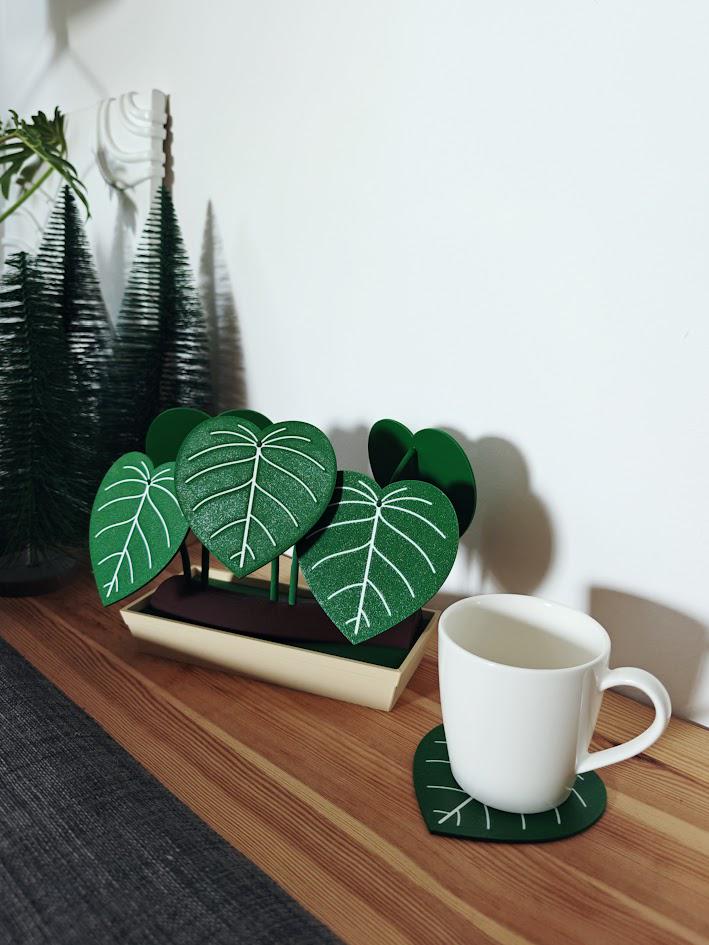 Philodendron Coaster Set with Storage Tray - Plant-Inspired Decor & Functional Coasters, 3d print