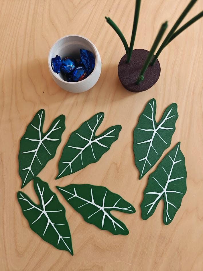 Coaster Plant Alocasia Frydek, Alocasia Green Velvet, 3D printed Coaster Set Alocasia Leaf Coasters, Alocasia Variegated Frydek