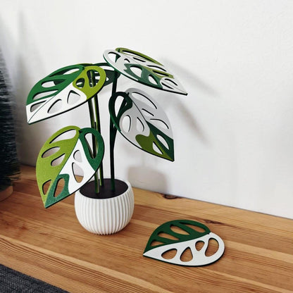 Monstera Adansonii Coaster Set, Decoration Gift Present, Plant with Pot, Variegated Leaf Coasters