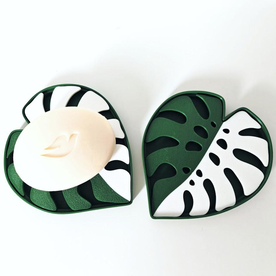 Monstera Soap Dish with Draining Tray, Dish for Soap Plate Rack, Bathroom Accessories or Kitchen Accessories, 3D printed Soap Holder