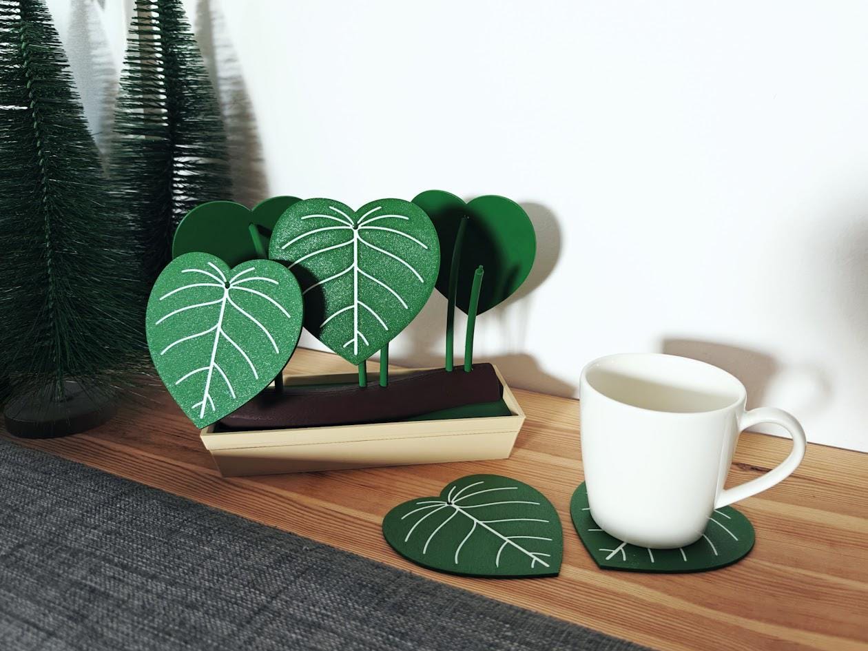 Philodendron Coaster Set with Storage Tray - Plant-Inspired Decor & Functional Coasters, 3d print