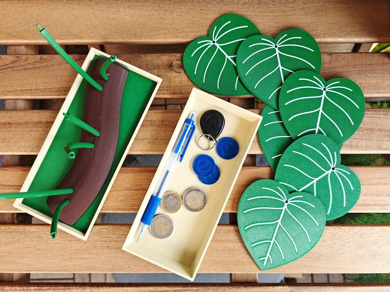 Philodendron Coaster Set with Storage Tray - Plant-Inspired Decor & Functional Coasters, 3d print