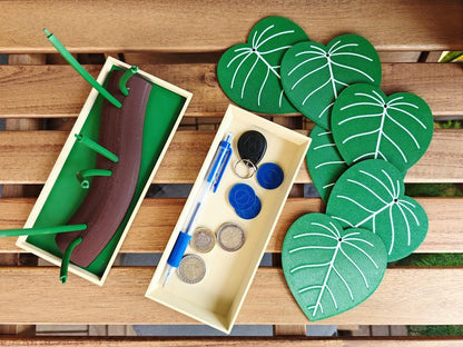Philodendron Coaster Set with Storage Tray - Plant-Inspired Decor & Functional Coasters, 3d print