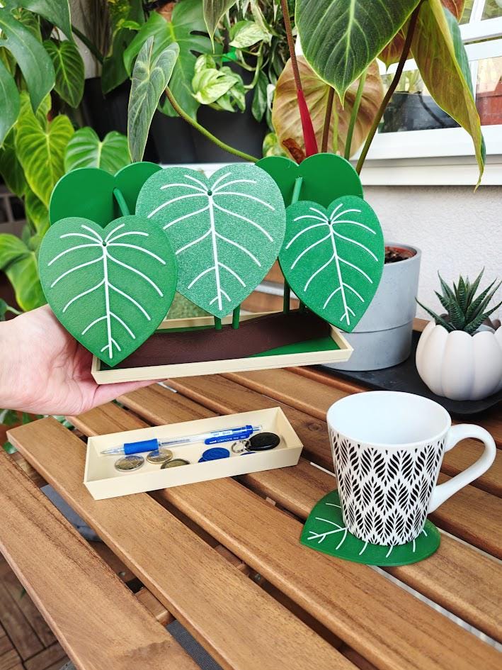 Philodendron Coaster Set with Storage Tray - Plant-Inspired Decor & Functional Coasters, 3d print