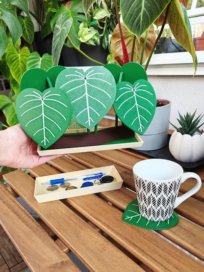 Philodendron Coaster Set with Storage Tray - Plant-Inspired Decor & Functional Coasters, 3d print