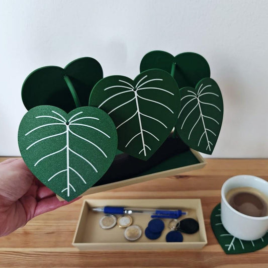 Philodendron Coaster Set with Storage Tray - Plant-Inspired Decor & Functional Coasters, 3d print