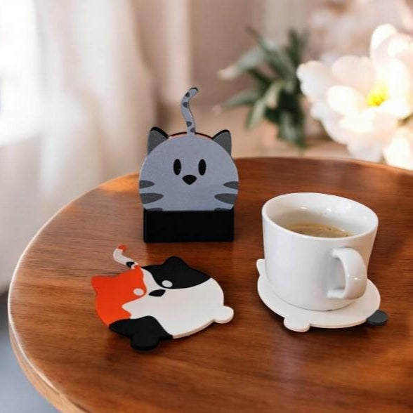 Cat Coaster Set Double sided Cute and Funny Cat Coasters with Holder, Unique Coasters for Cat Lovers, 3D printed Coasters
