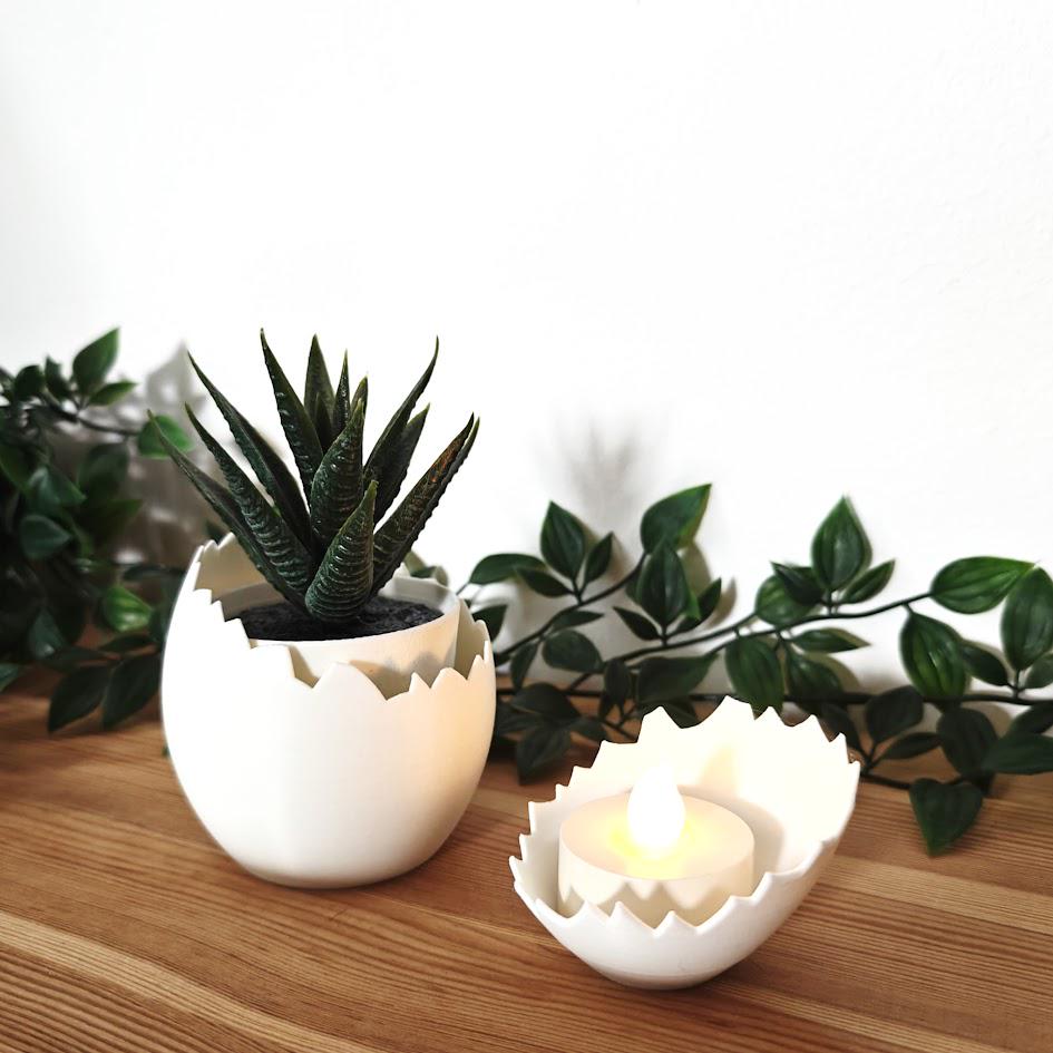Eggshell Succulent Pot and Matching Tealight Holder, Easter Egg Decor, Spring Decorations, Cracked Egg Deco, 3d print