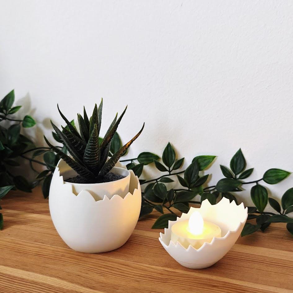 Eggshell Succulent Pot and Matching Tealight Holder, Easter Egg Decor, Spring Decorations, Cracked Egg Deco, 3d print