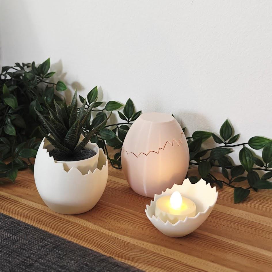 Eggshell Succulent Pot and Matching Tealight Holder, Easter Egg Decor, Spring Decorations, Cracked Egg Deco, 3d print