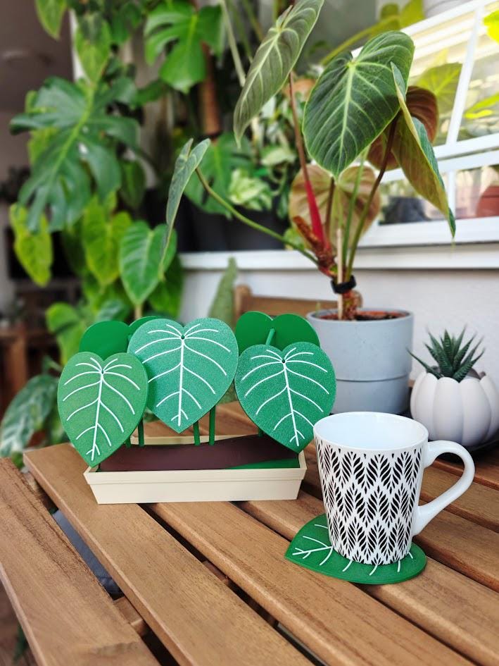 Philodendron Coaster Set with Storage Tray - Plant-Inspired Decor & Functional Coasters, 3d print