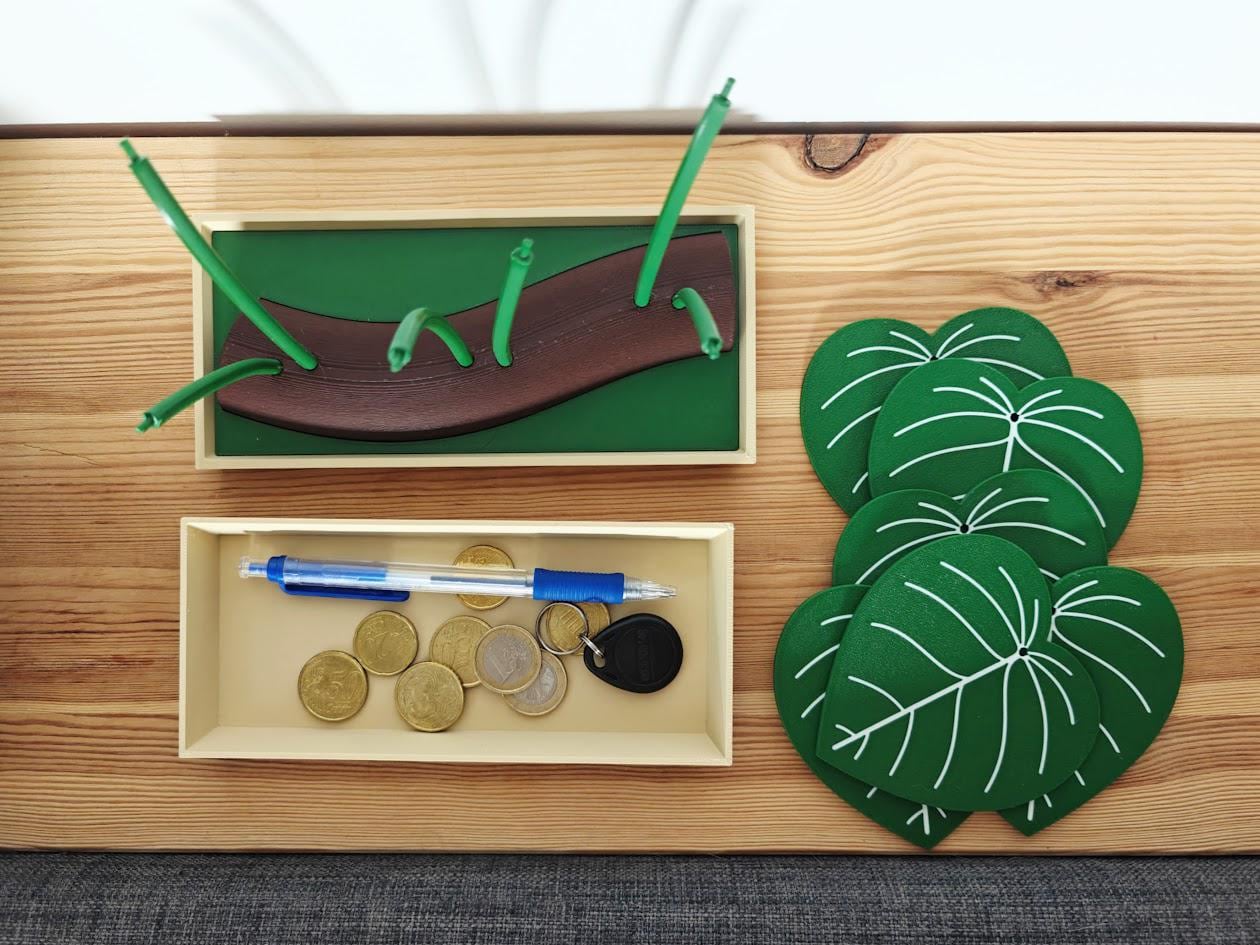 Philodendron Coaster Set with Storage Tray - Plant-Inspired Decor & Functional Coasters, 3d print