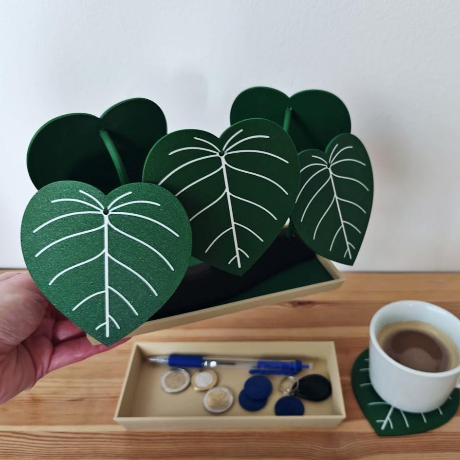 Philodendron Coaster Set with Storage Tray - Plant-Inspired Decor & Functional Coasters, 3d print