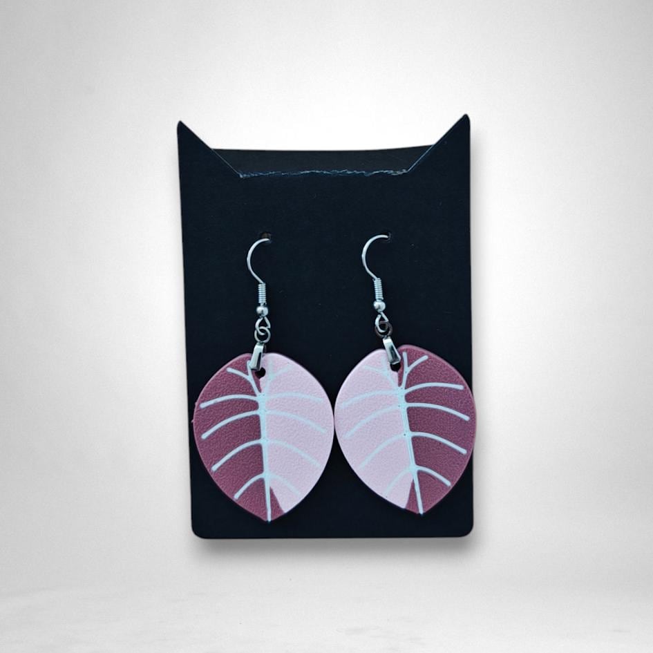 Leaf Earrings Alocasia Melo or Black Velvet Variegated, Pink Alocasia Jewelry Gift for Plant Lovers, Plant Earrings, 3d printed Earrings