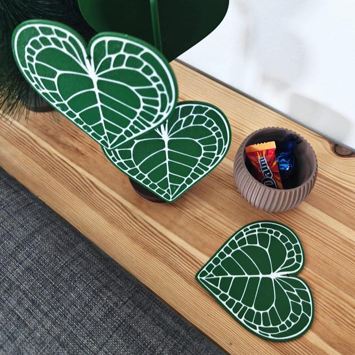 Anthurium Clarinervium Coaster Plant, Anthurium Coaster set of 4 Leaf Coasters, Heart shaped Coasters, 3d printed Coasters