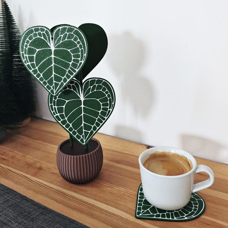 Anthurium Clarinervium Coaster Plant, Anthurium Coaster set of 4 Leaf Coasters, Heart shaped Coasters, 3d printed Coasters