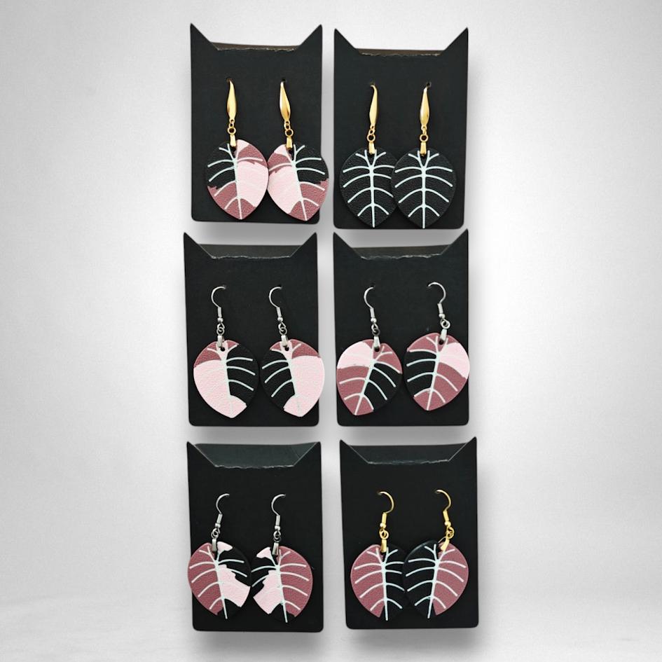 Leaf Earrings Alocasia Black Velvet Variegated, Pink Alocasia Jewelry Gift for Plant Lovers, Plant Earrings, 3d printed Earrings