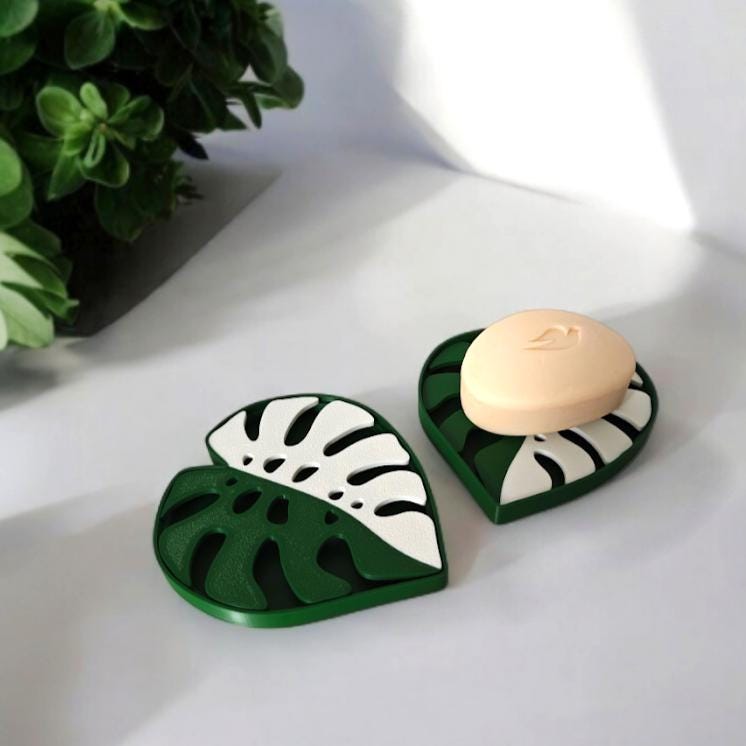 Monstera Soap Dish with Draining Tray, Dish for Soap Plate Rack, Bathroom Accessories or Kitchen Accessories, 3D printed Soap Holder