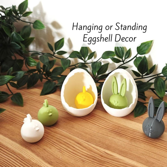 Eggshell Hanging or Standing Easter Decoration, Easter Egg Decor for Spring with Bunny and Chicken, 3d print