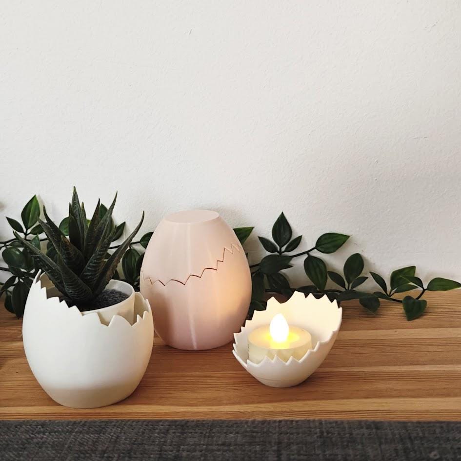 Eggshell Succulent Pot and Matching Tealight Holder, Easter Egg Decor, Spring Decorations, Cracked Egg Deco, 3d print
