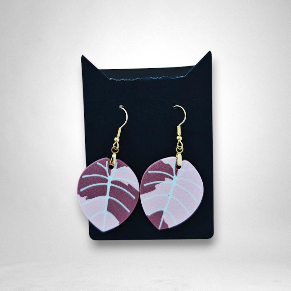 Leaf Earrings Alocasia Melo or Black Velvet Variegated, Pink Alocasia Jewelry Gift for Plant Lovers, Plant Earrings, 3d printed Earrings