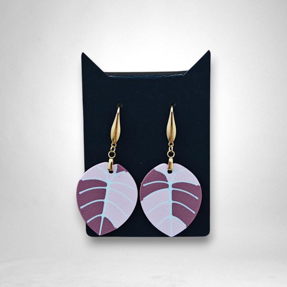 Leaf Earrings Alocasia Melo or Black Velvet Variegated, Pink Alocasia Jewelry Gift for Plant Lovers, Plant Earrings, 3d printed Earrings