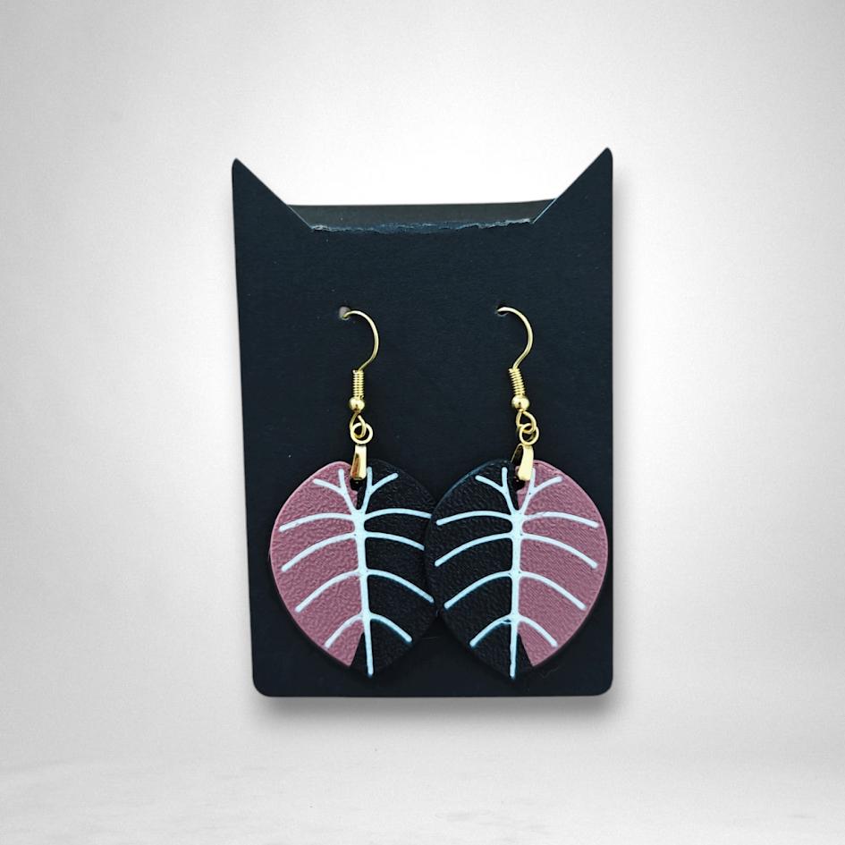 Leaf Earrings Alocasia Black Velvet Variegated, Pink Alocasia Jewelry Gift for Plant Lovers, Plant Earrings, 3d printed Earrings