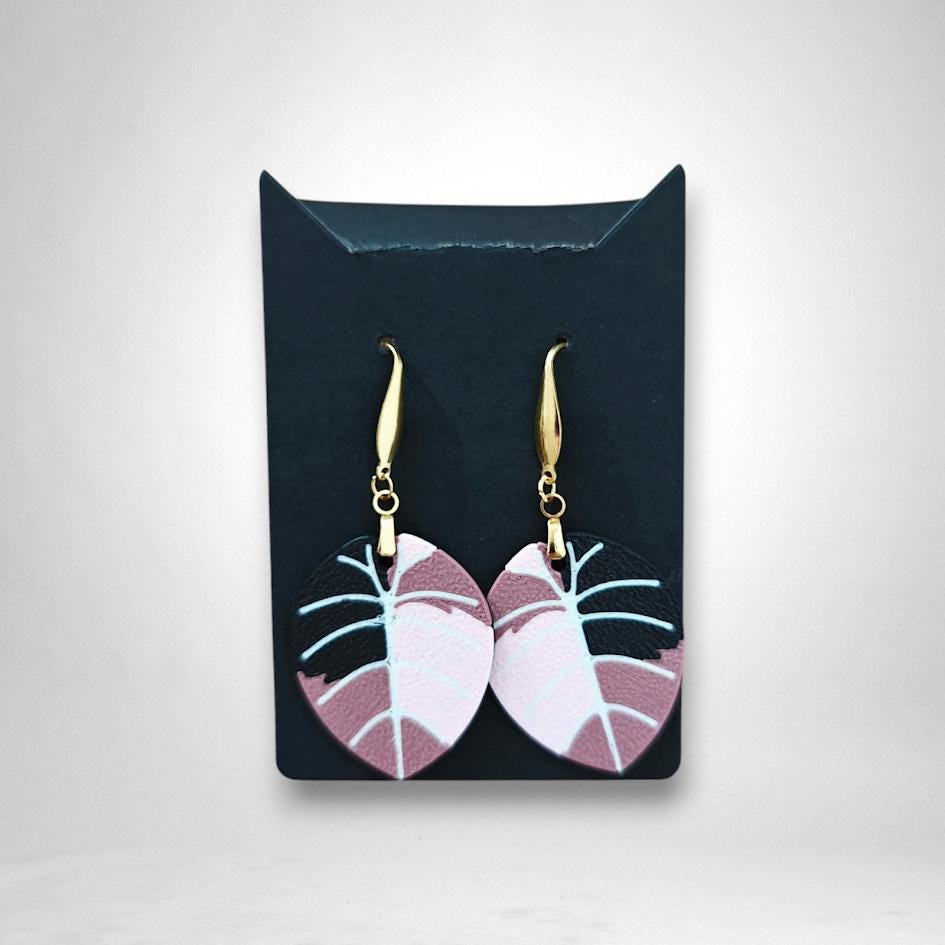 Leaf Earrings Alocasia Black Velvet Variegated, Pink Alocasia Jewelry Gift for Plant Lovers, Plant Earrings, 3d printed Earrings