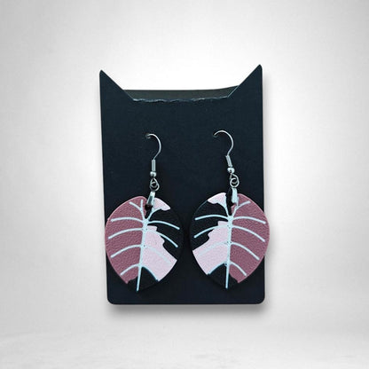 Leaf Earrings Alocasia Black Velvet Variegated, Pink Alocasia Jewelry Gift for Plant Lovers, Plant Earrings, 3d printed Earrings