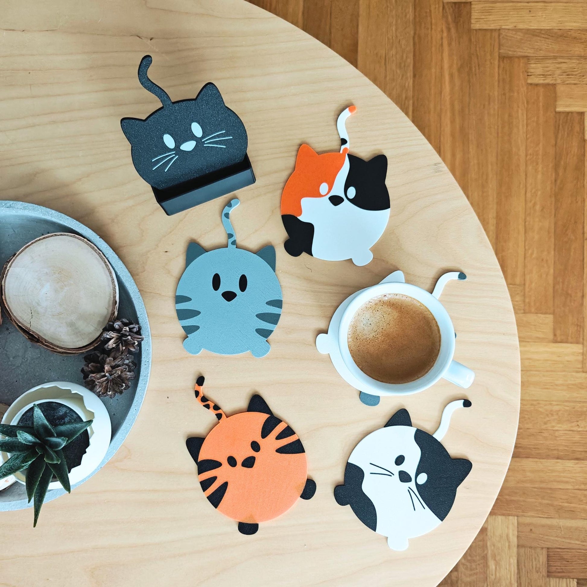 Cat Coaster Set, Double sided Cute and Funny Kitten Coasters with Holder, Table mats for Feline Lovers, 3D printed Decor