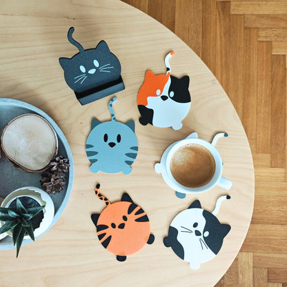 Cat Coaster Set, Double sided Cute and Funny Kitten Coasters with Holder, Table mats for Feline Lovers, 3D printed Decor