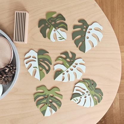 Monstera Leaf Coaster Set, Monstera Coasters with Holder, 3D printed Table Decor, Variegated Plant