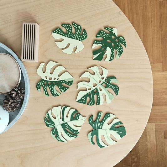 Monstera Thai Constellation Coaster Set, Leaf Coasters with Holder, 3D printed Table Decor, Variegated Plant