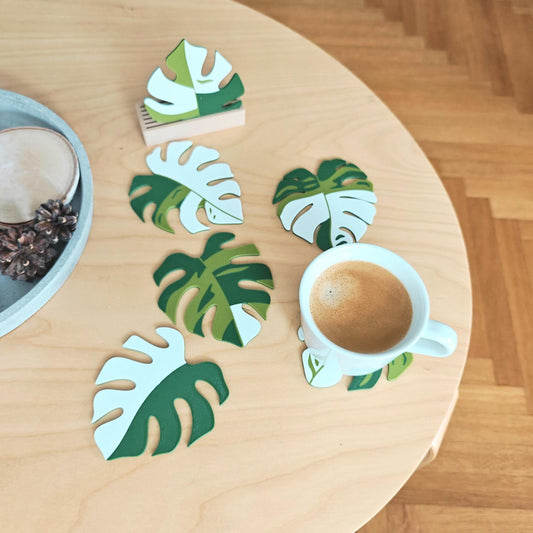 Monstera Leaf Coaster Set, Monstera Coasters with Holder, 3D printed Table Decor, Variegated Plant