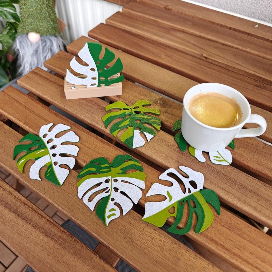 Monstera Leaf Coaster Set, Monstera Coasters with Holder, 3D printed Table Decor, Variegated Plant