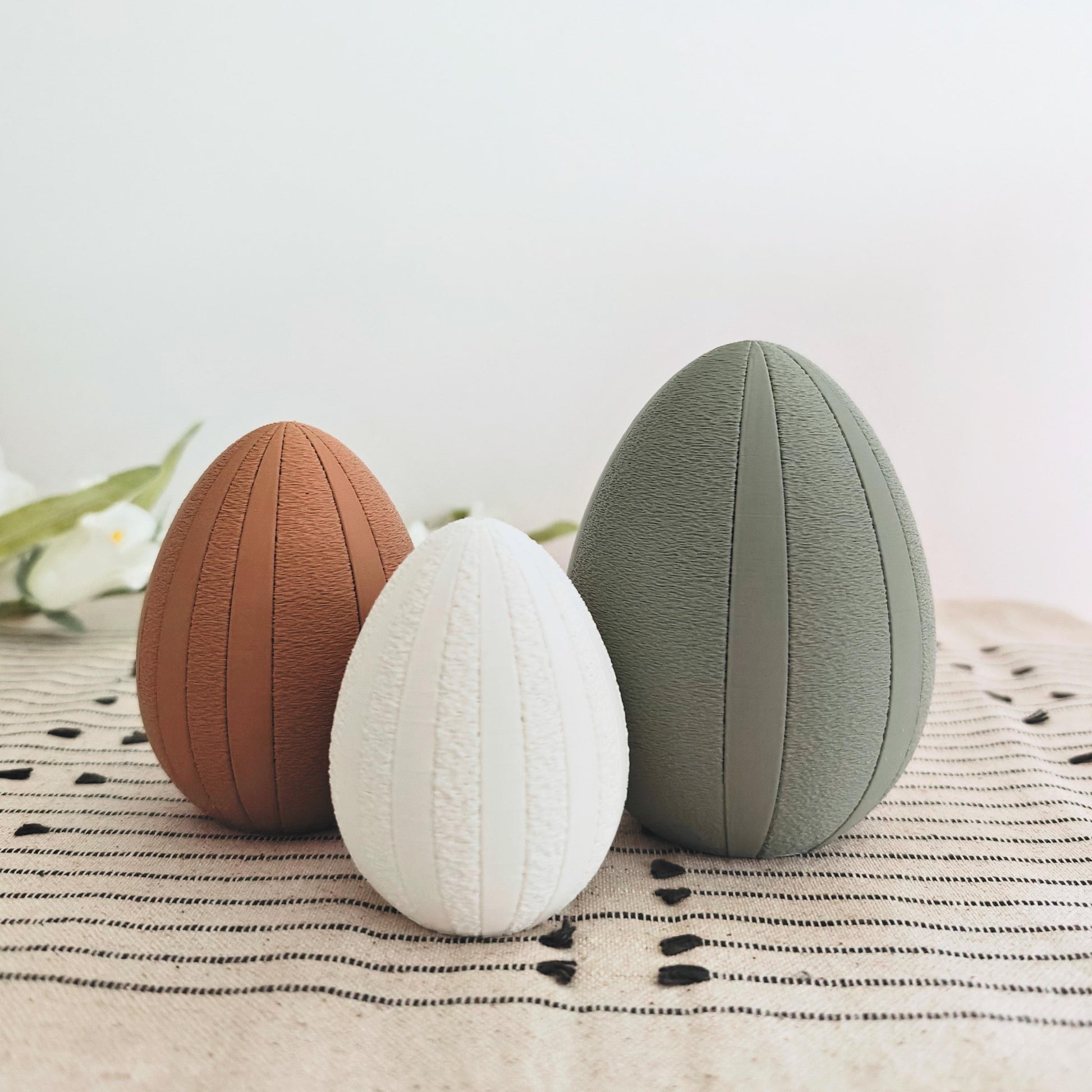 Easter Eggs with Fuzzy Stripes, Decorative Set of 3, Pastel Colors, Patterned Spring Easter Table Decoration, Housewarming Gift, 3d print