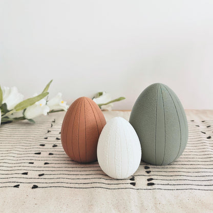 Easter Eggs with Fuzzy Stripes, Decorative Set of 3, Pastel Colors, Patterned Spring Easter Table Decoration, Housewarming Gift, 3d print