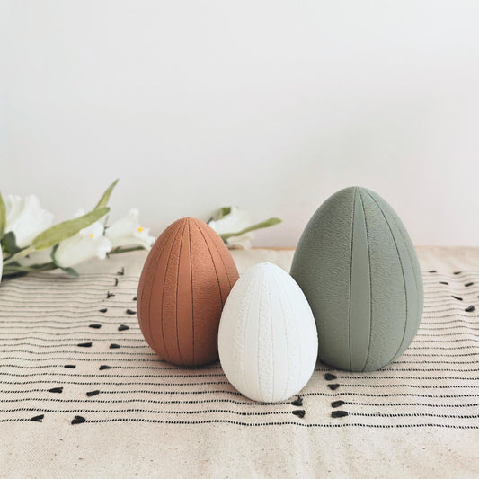 Easter Eggs with Fuzzy Stripes, Decorative Set of 3, Pastel Colors, Patterned Spring Easter Table Decoration, Housewarming Gift, 3d print
