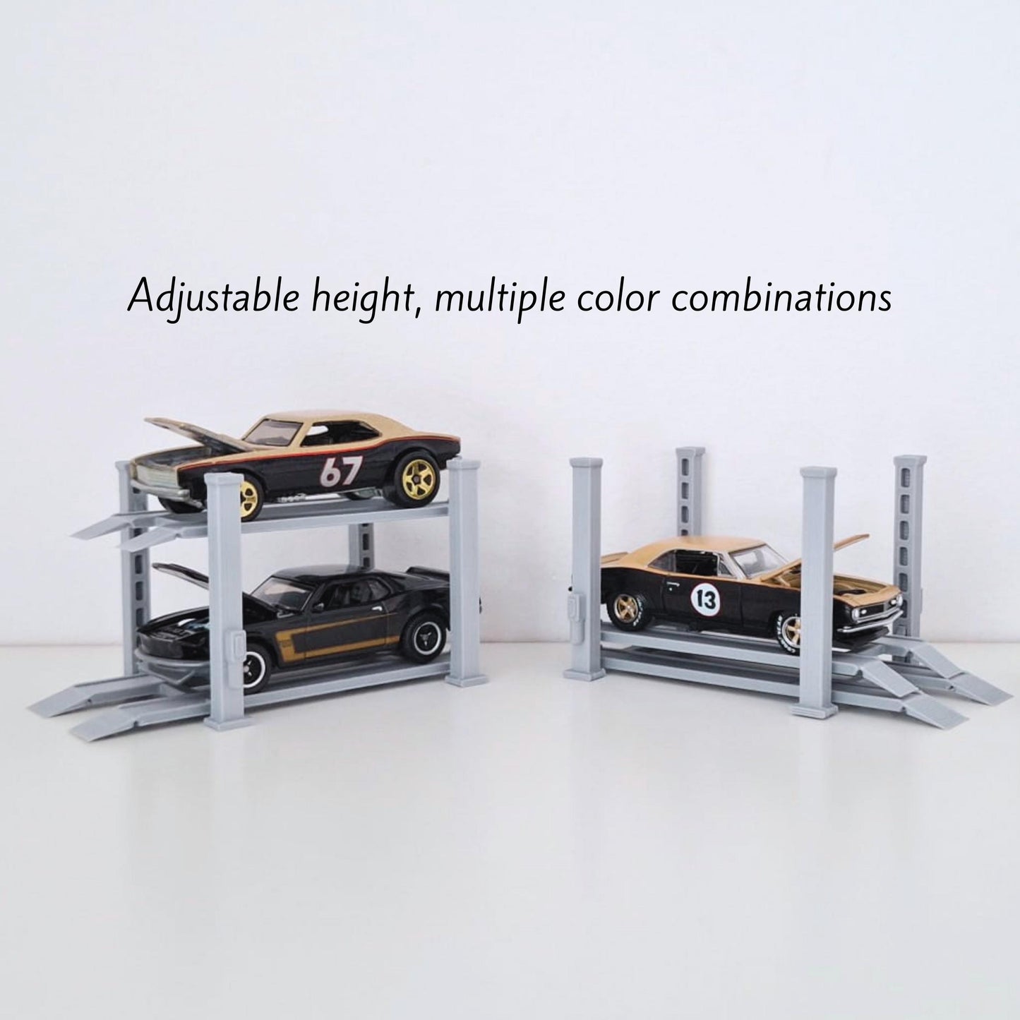 Adjustable Car Lift, 1:64 Diorama Garage Accessory, 3D Printed for Hot Wheels Scale, Custom Colors Available