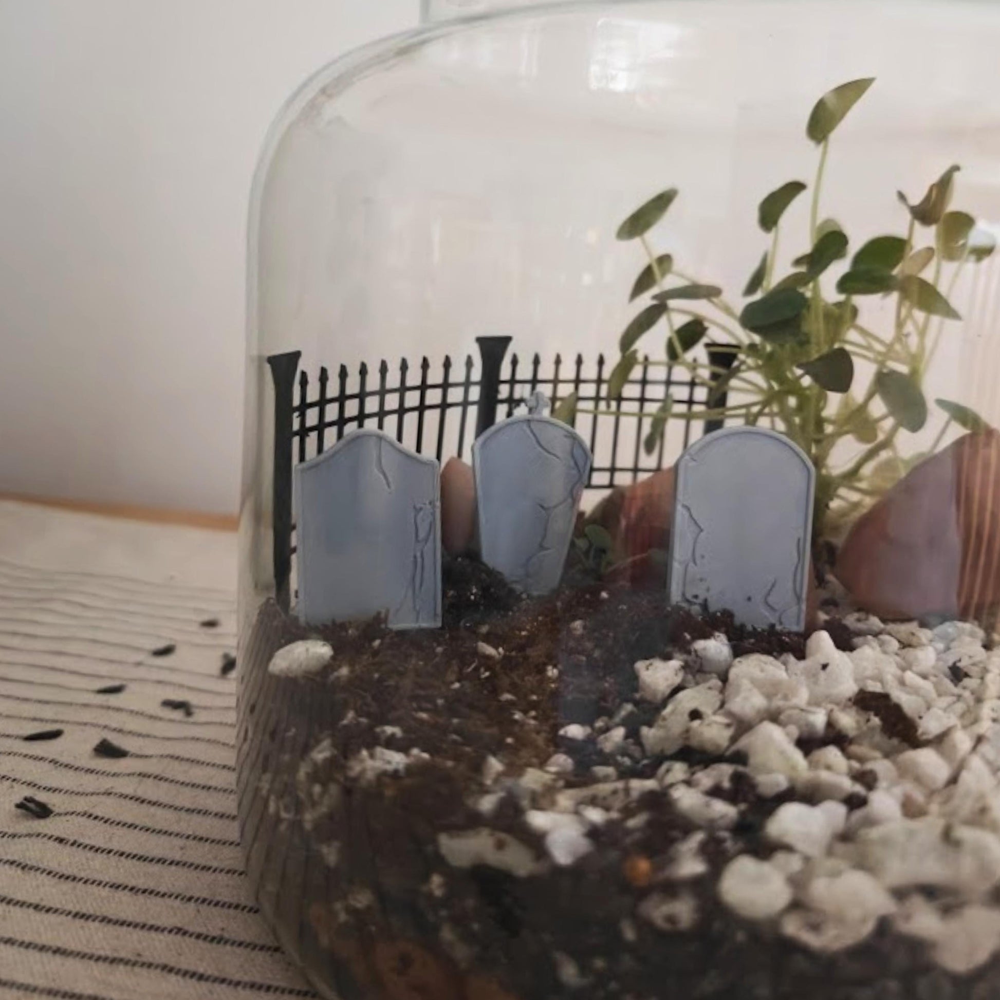 Miniature Gravestones and Fence, 3D Printed Haunted Cemetery Scene for Terrariums, Dioramas, Planters