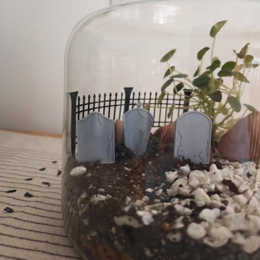 Miniature Gravestones and Fence, 3D Printed Haunted Cemetery Scene for Terrariums, Dioramas, Planters