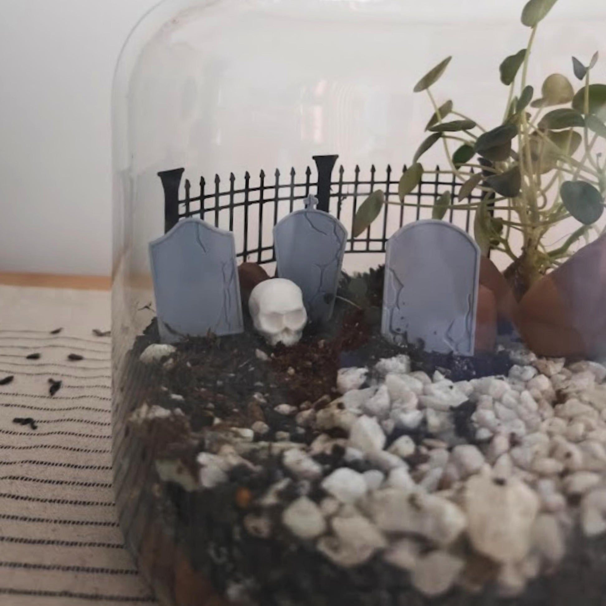 Miniature Gravestones and Fence, 3D Printed Haunted Cemetery Scene for Terrariums, Dioramas, Planters