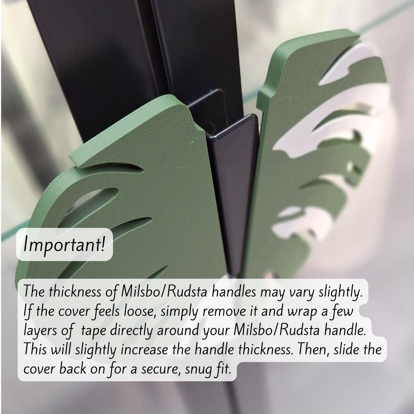 Instruction image explaining that IKEA Milsbo and Rudsta cabinet thickness may vary slightly and handles may need light adjustment for a secure fit.