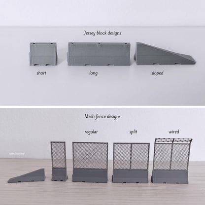 Miniature Jersey Barriers & Mesh Fencing in 1:64 Scale, Diorama Race Track Accessories, Model Scenes, Crafts, Hobby Projects, 3D print
