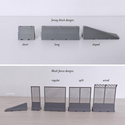 Miniature Jersey Barriers 1:120 TT Scale with Mesh Fencing, Diorama Race Track Accessories, 3D print
